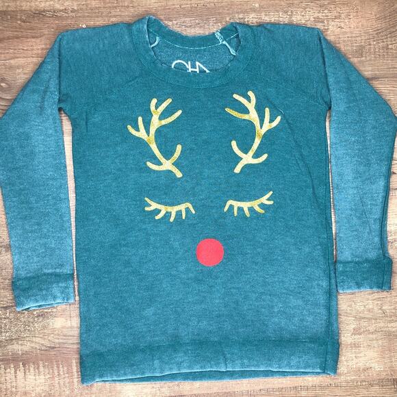 Chaser Sweater Girls Size 6 Green Reindeer Christmas Gold Glitter NWOT - Picture 1 of 3